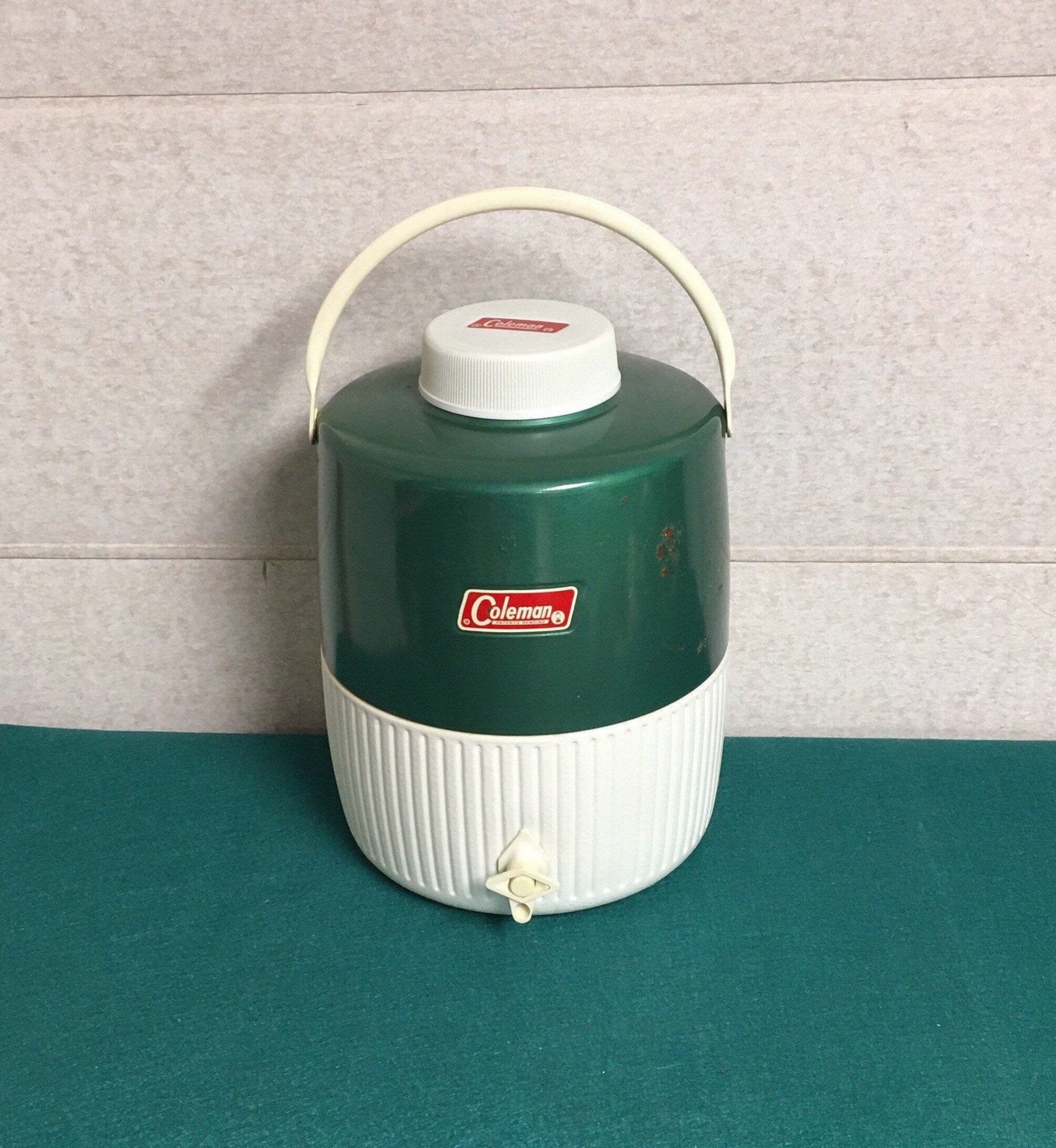 Vintage Coleman 2 Gallon Metal Portable Water Cooler Jug, Green and White
