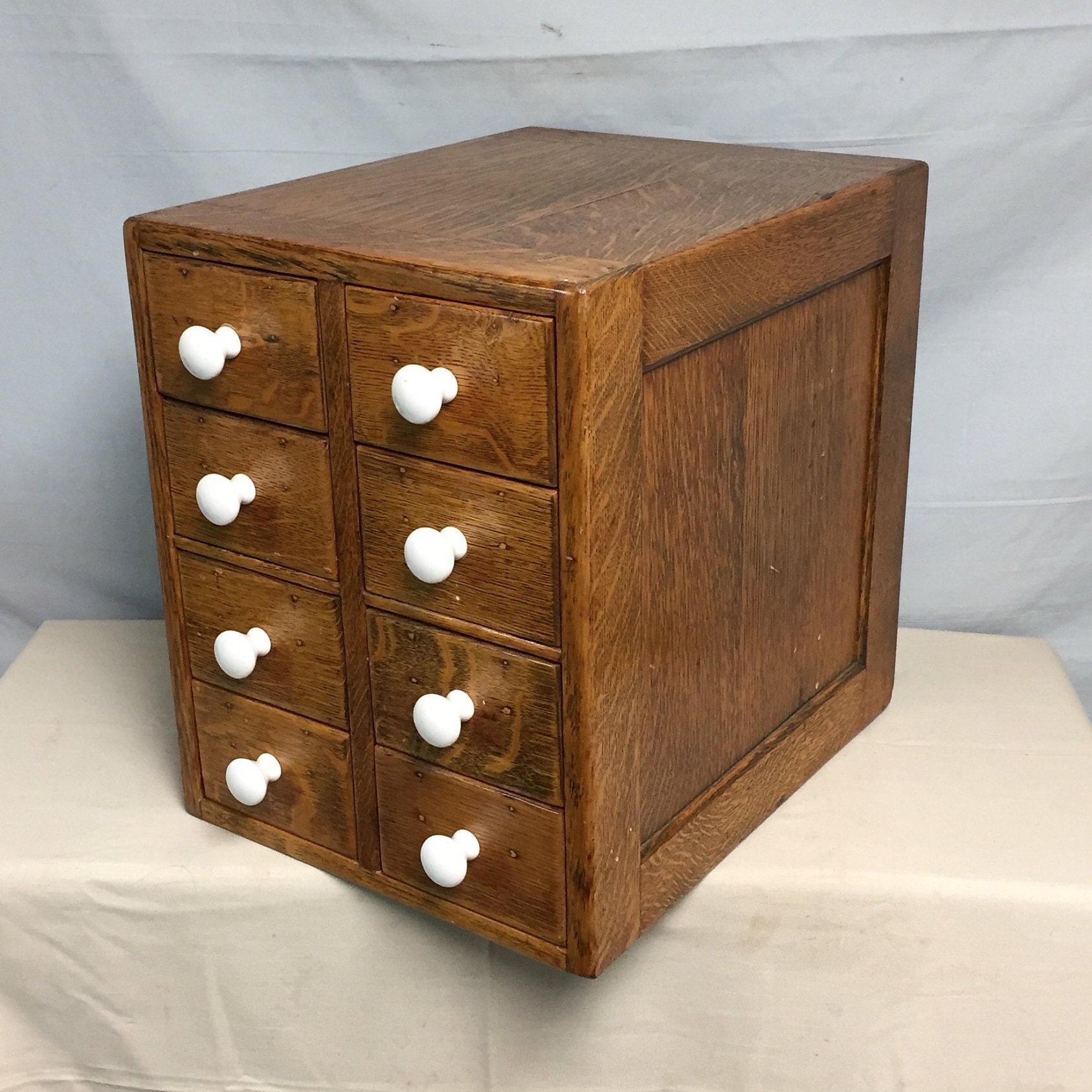 Antique Solid Oak Wood 8 Drawer Card File Cabinet W Dove Tail