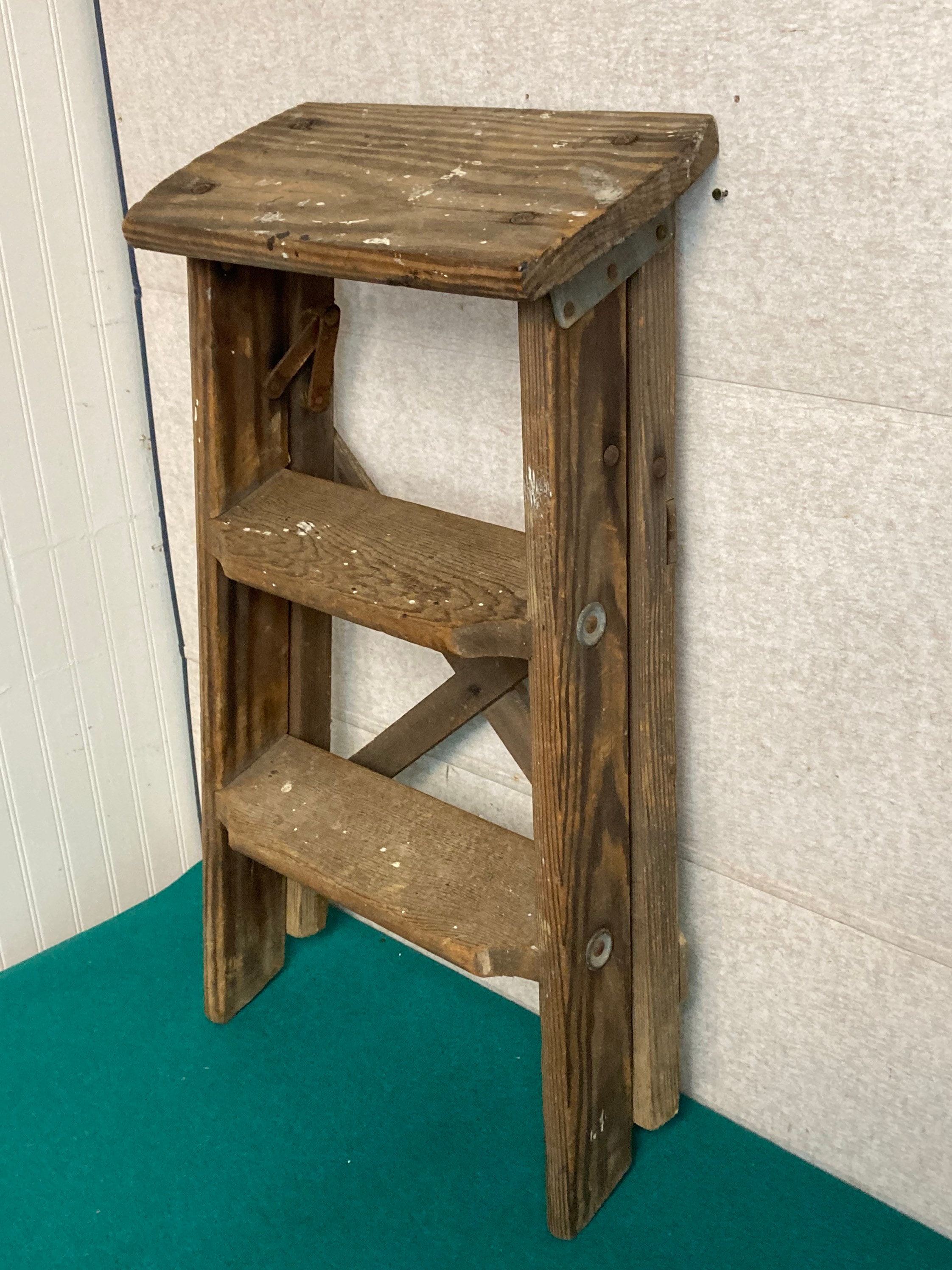 1960's Small Shabby Wooden Step Stool Ladder, Folding Step Stool