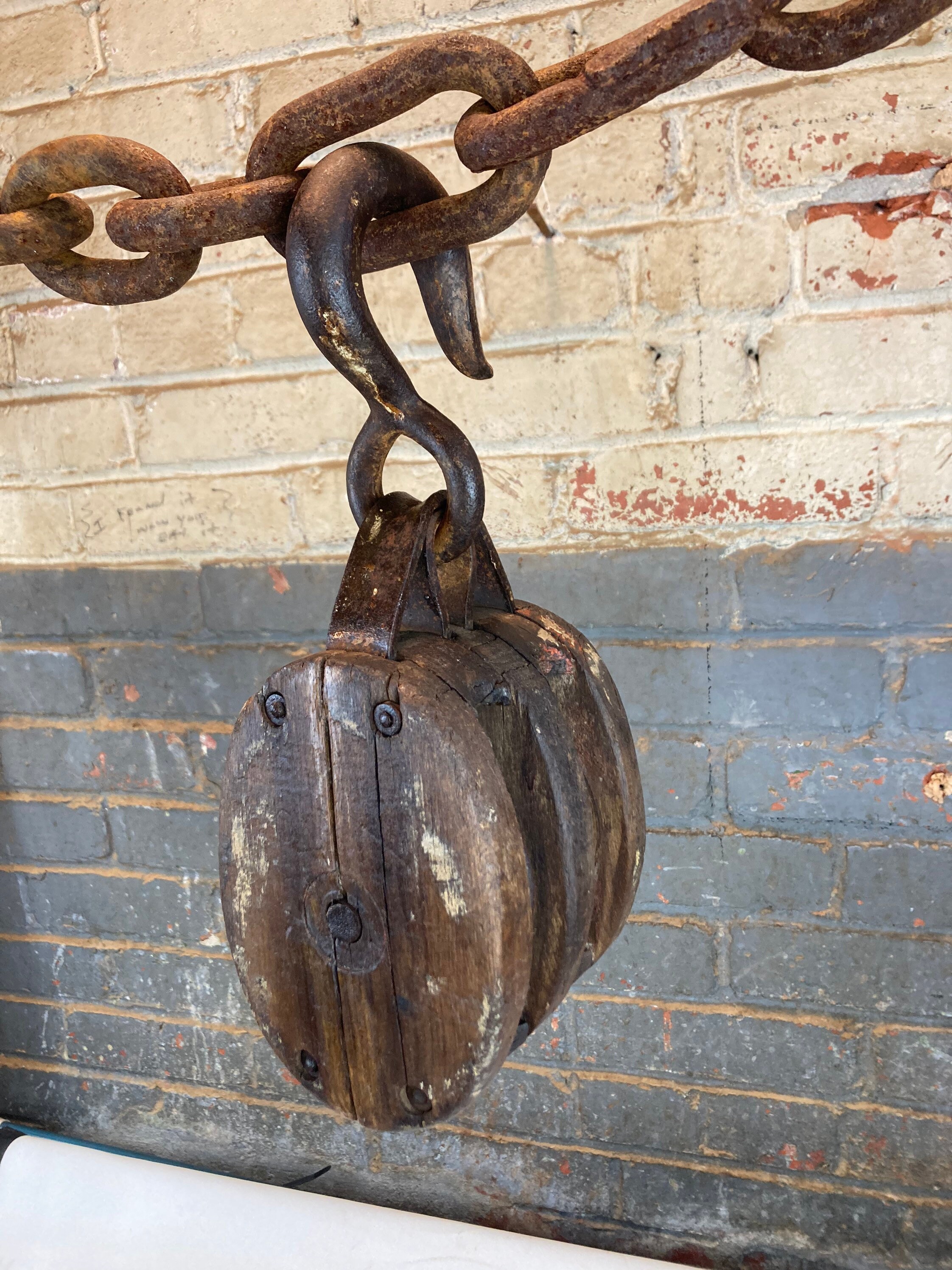 Vintage Double Wooden Block and Tackle Pulley with Large Iron Hook