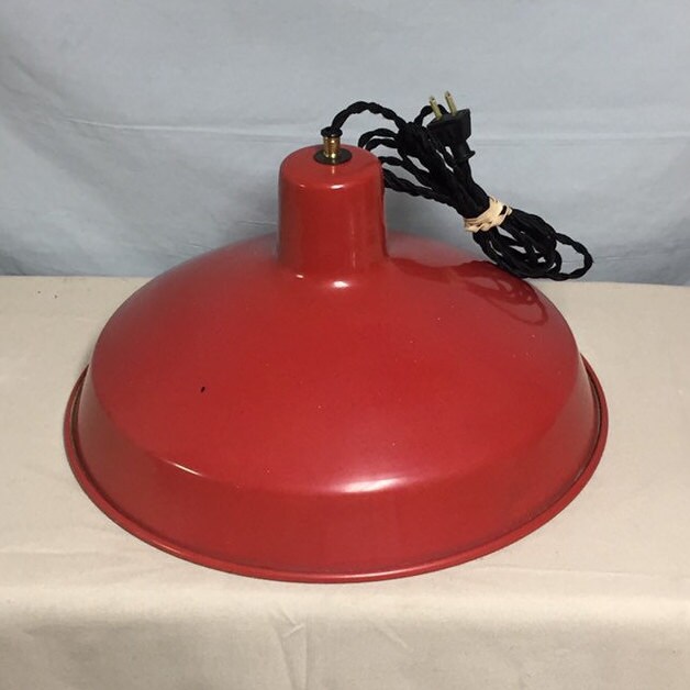 Old Industrial Red Metal Hanging Barn Light with New Braided Power Cord