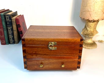 1970's Handmade Wooden Dovetailed Jewelry Box / Chest with Hinged Lid and Drawer
