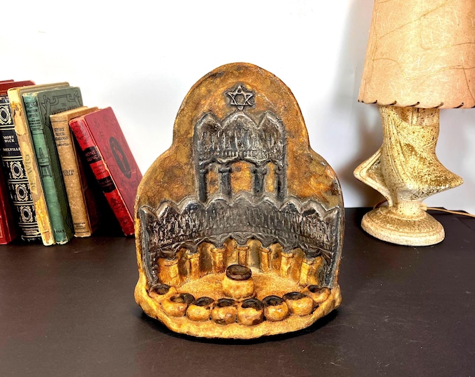 Featured listing image: Domar Israel Menorah, Primitive Pottery with 925 Sterling Overlay
