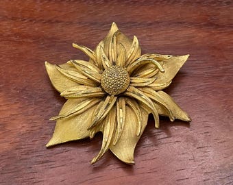 Gold Tone Textured Flower Brooch, Signed B.S.K.
