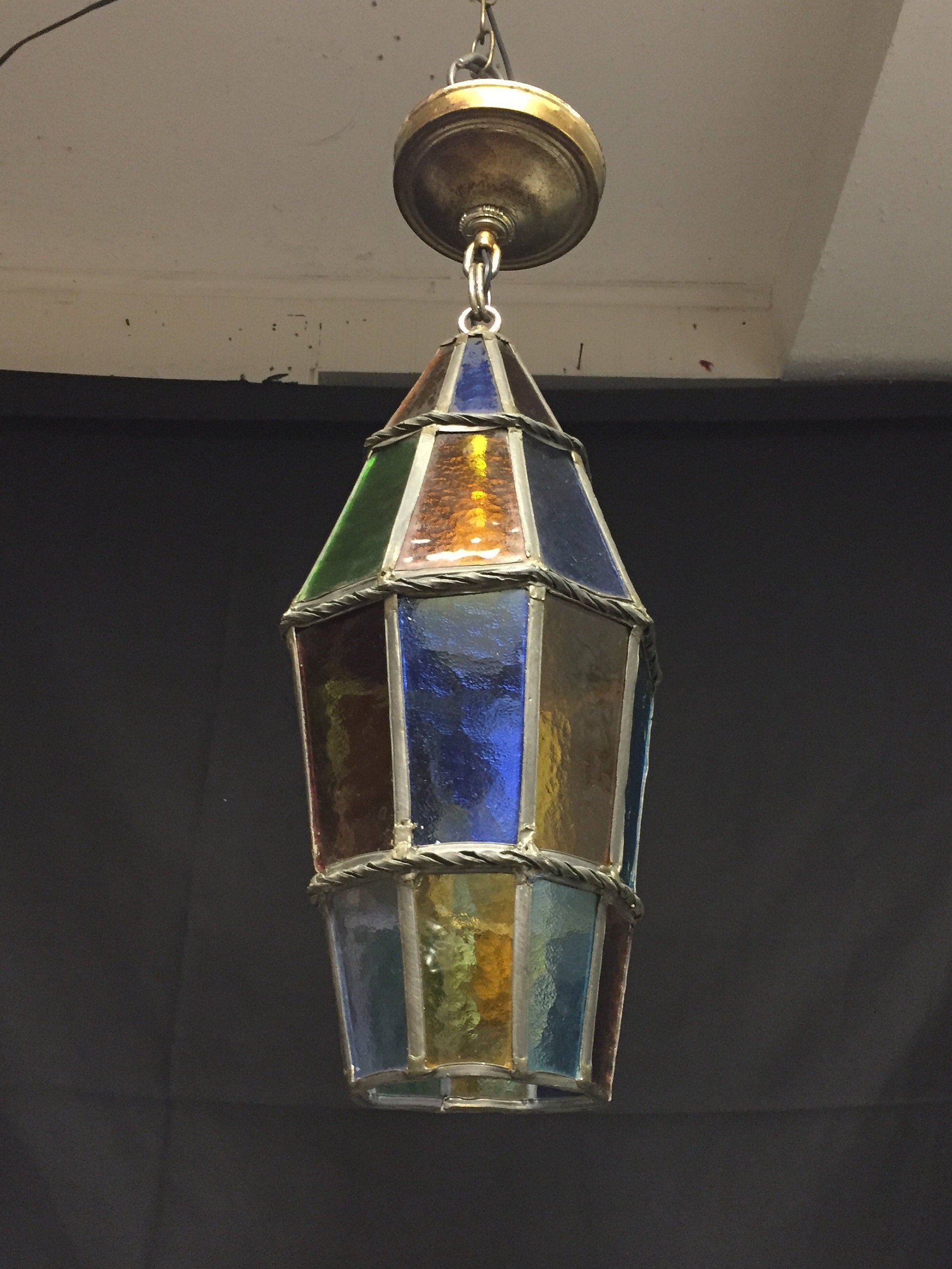 A UNIQUE Antique Stained Leaded Glass Pendant Light, Foyer Entry