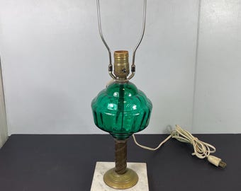 Vintage Green Glass Brass & Oil Style Electric Table Lamp with Marble Base