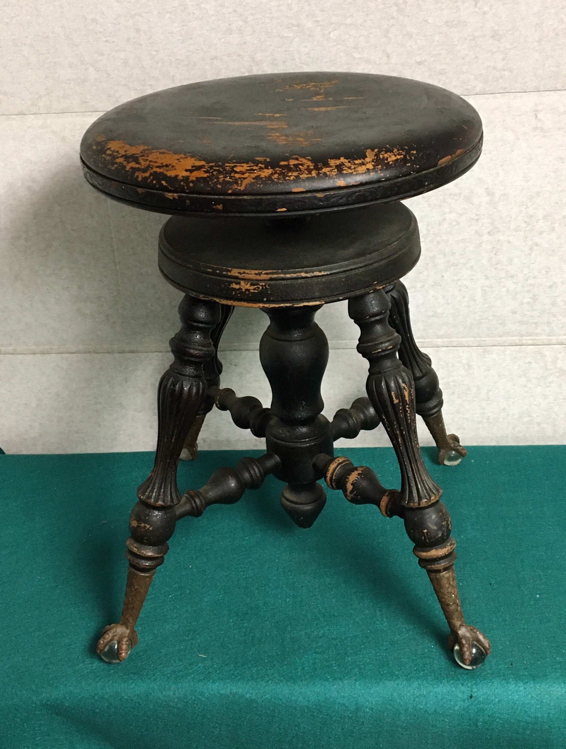 Original 1930's Antique Adjustable Piano Stool, Iron Claw and Glass
