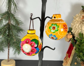 Hand Painted Mexican Pottery Christmas Balls, Yellow with Multi Colored Flowers, 2 Balls