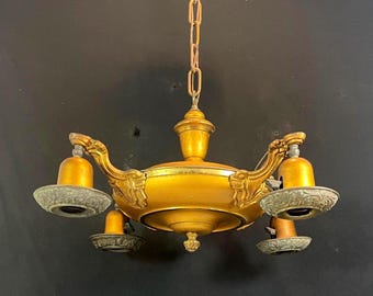 1930's Antique 4 Arm Brass Chandelier Ceiling Light Fixture, Victorian, NEW WIRING