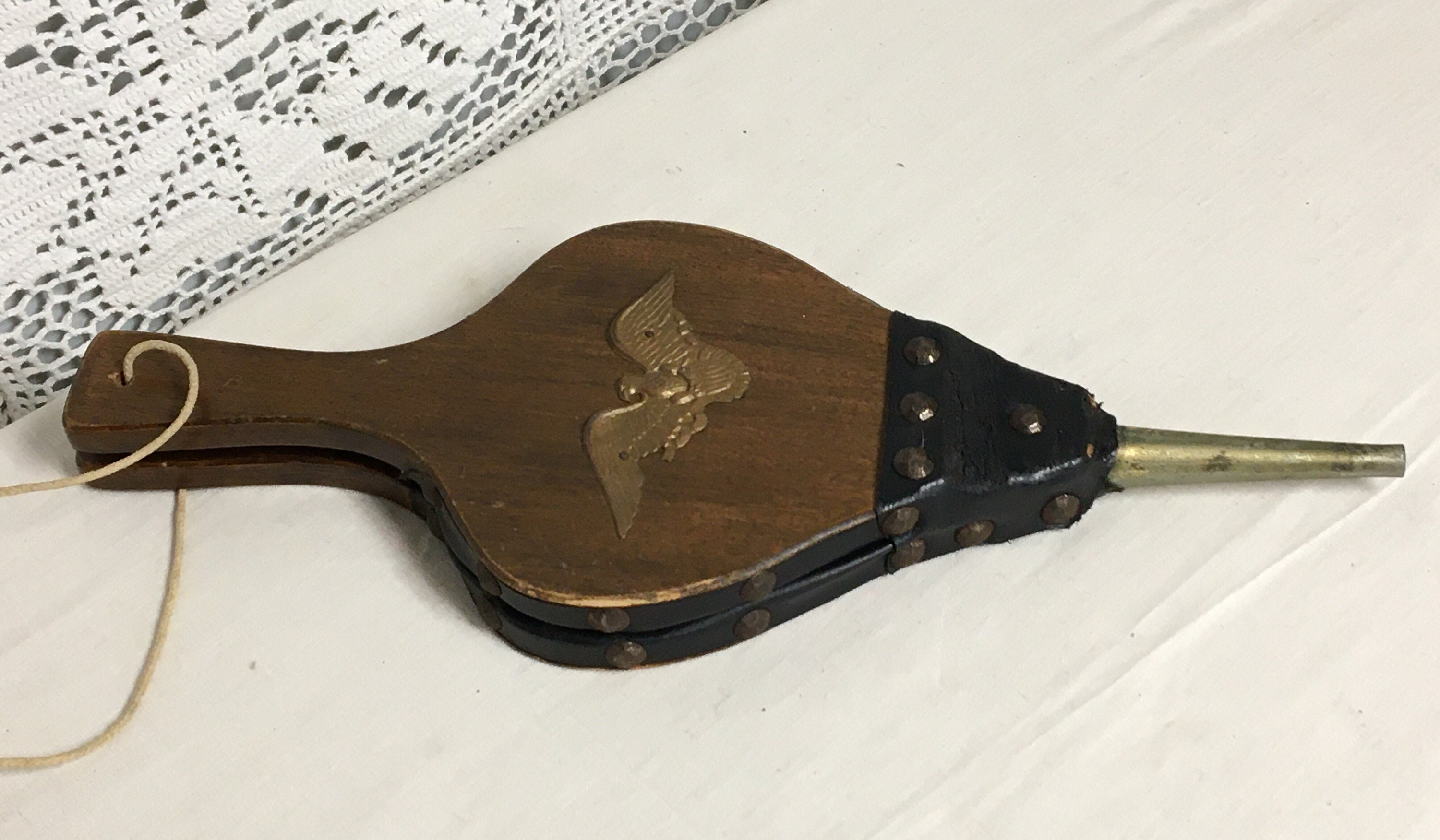 Vintage Fireplace Bellows, Wood and Leather Studded Fireplace Decor