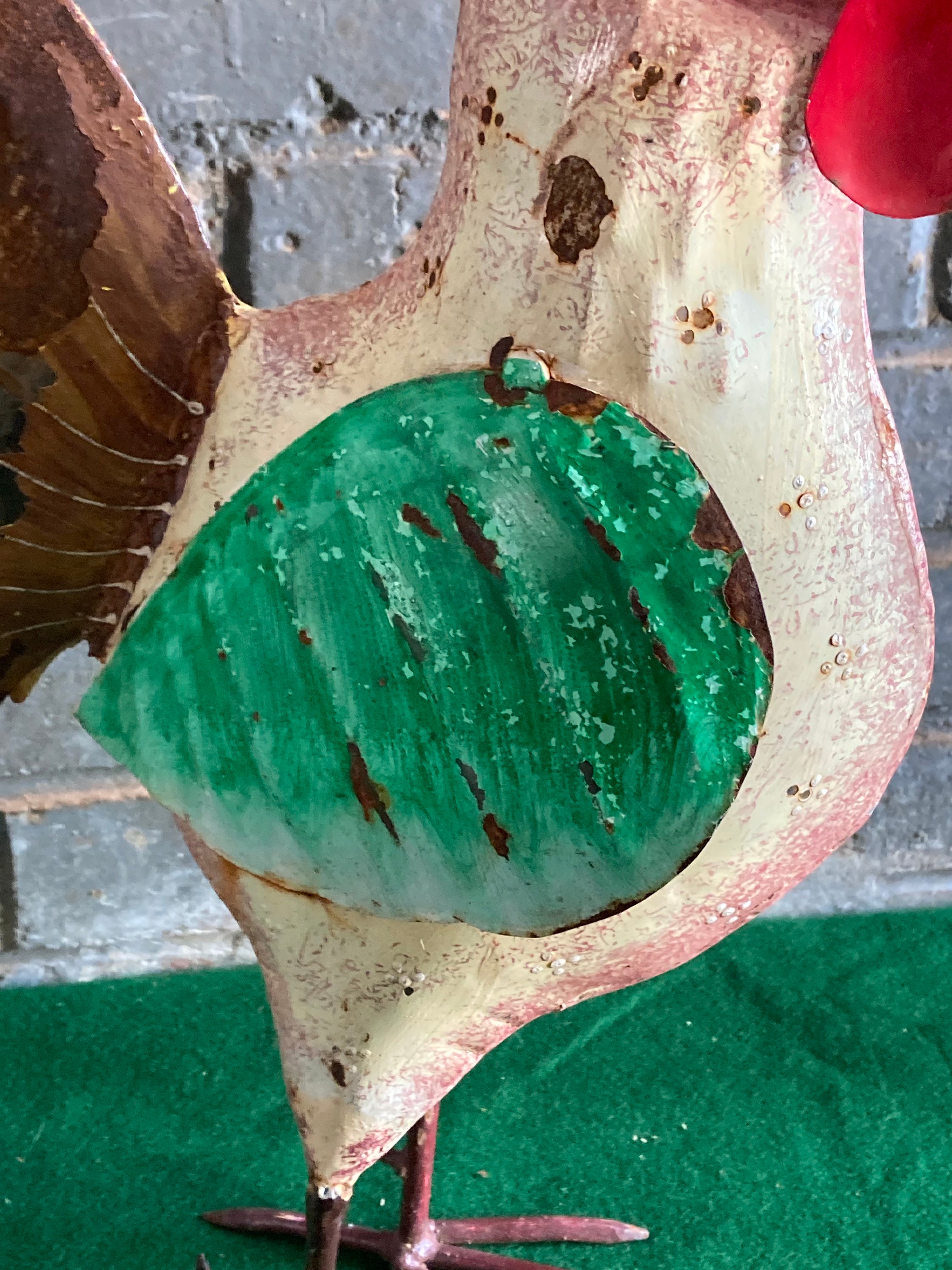 Vintage Hand Painted Metal Rooster, 18 Tin Sculpture Yard Art, Folk Art