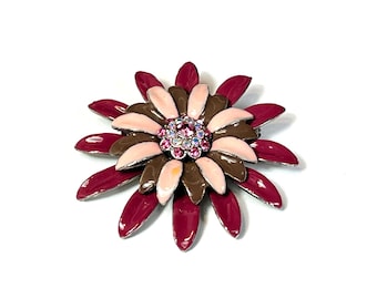 Pink Enamel Flower Brooch with Rhinestone Center, Silver Tone Metal