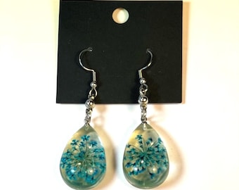 Clear Resin Teardrop Earrings with Blue Dried Flowers for Pierced Ears