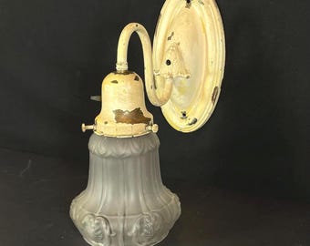 1920's Brass Electric Wall Sconce w/ Embossed Floral Glass Shade, New Wiring