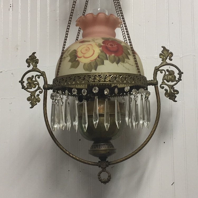 Antique Victorian Hanging Oil Lamp w Duplex Burner and Hand