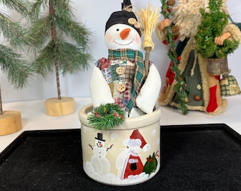 Primitive Fabric Snowman in Small, Hand Painted Roseville Pottery Crock