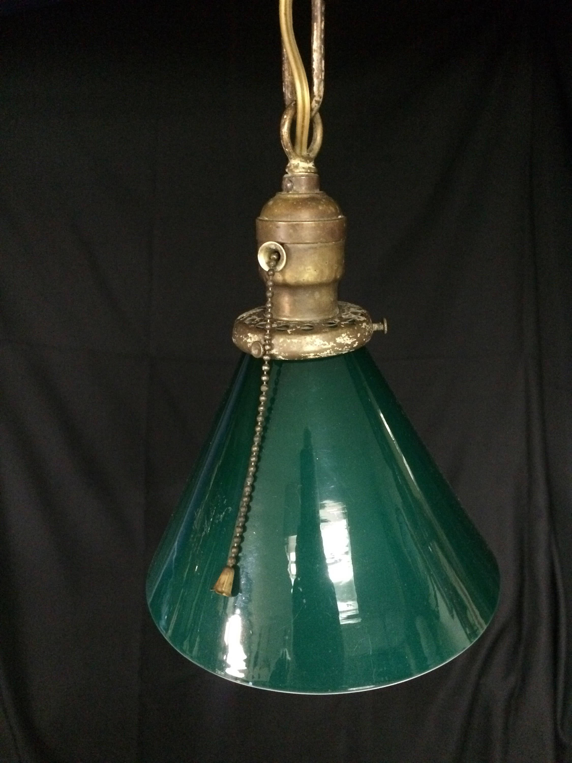 Vintage Small 7 Green Industrial Glass Pendant Light Fixture, Petite