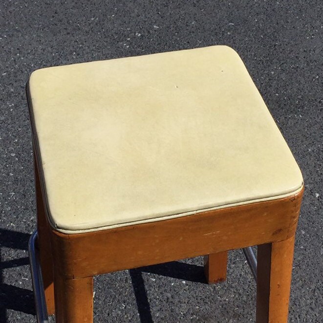 Two (2) Mid Century 24 Wooden Counter Stools, Chrome Footrest, Retro