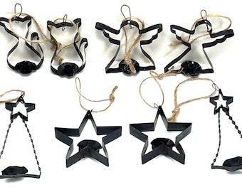 Primitive Mini Candle Holder Ornaments, Star, Tree, Angel and Cat, Set of 8