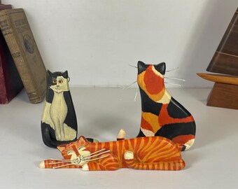 Set of 3 Wooden Cats, Orange Striped Tiger Cat and Calico Cat with Metal Whiskers, Black and White Cat Ornament