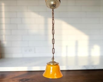 Vintage Hanging Brass Pendant Light w/ Cased Glass Shade: Yellow Butterscotch, RE-WIRED