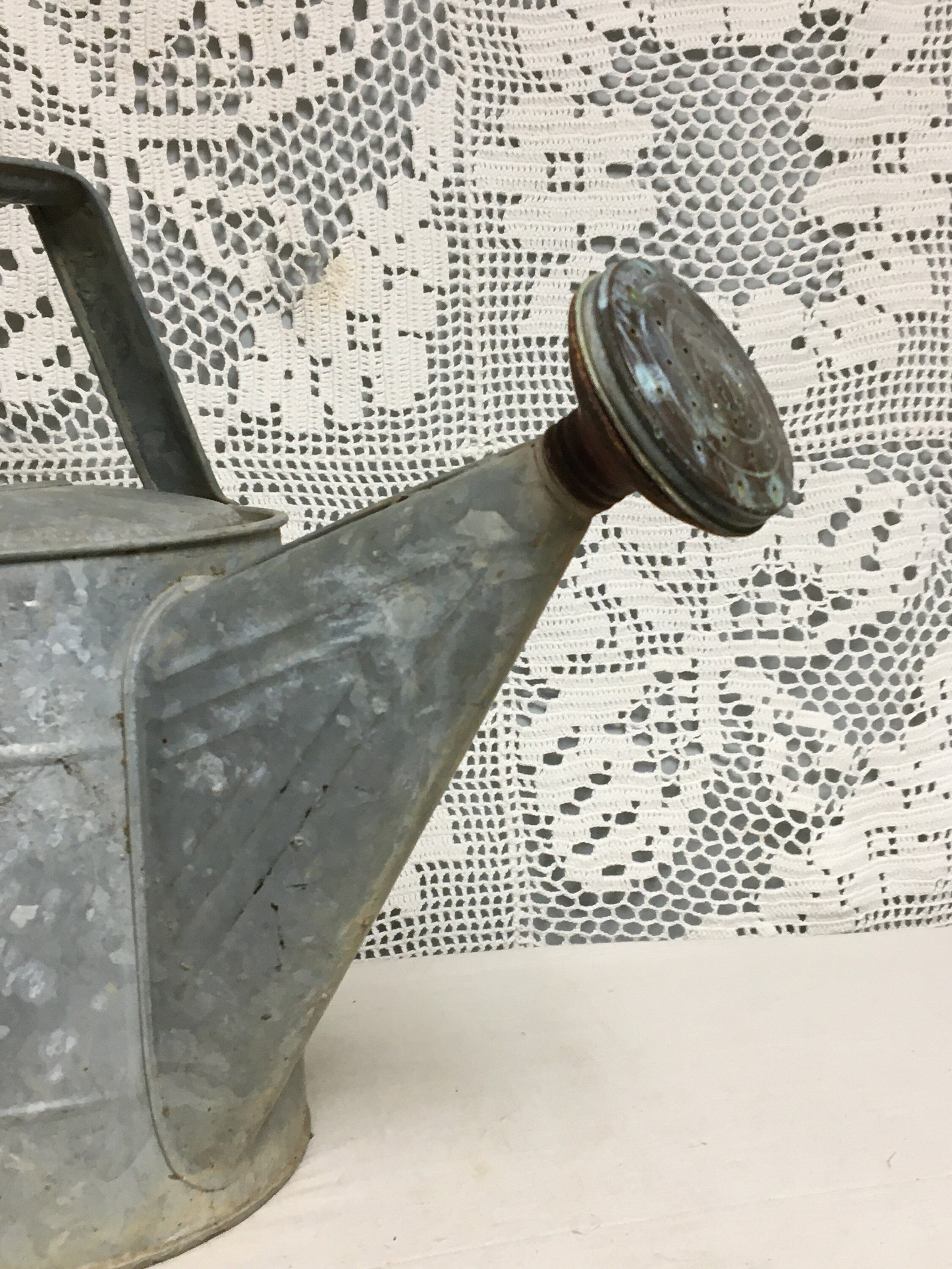1950's Galvanized Metal Watering Can with 2 Handles & Copper Spout Head