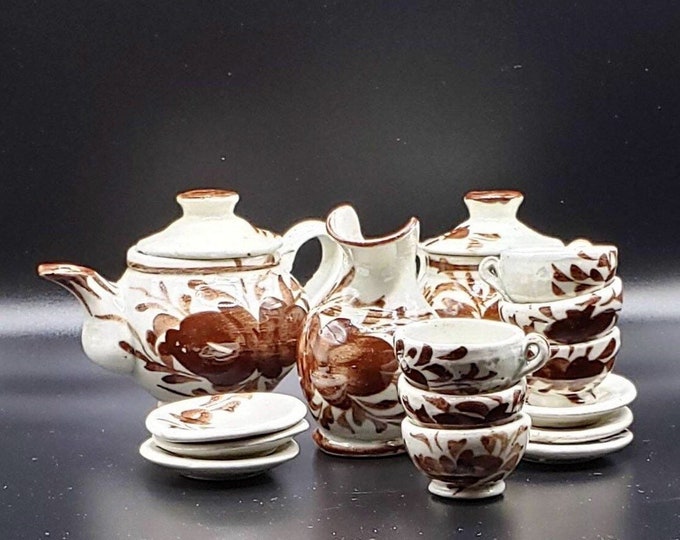 Featured listing image: Handmade Pottery Mini Tea Set: Stoneware Child's Set, Brown Floral