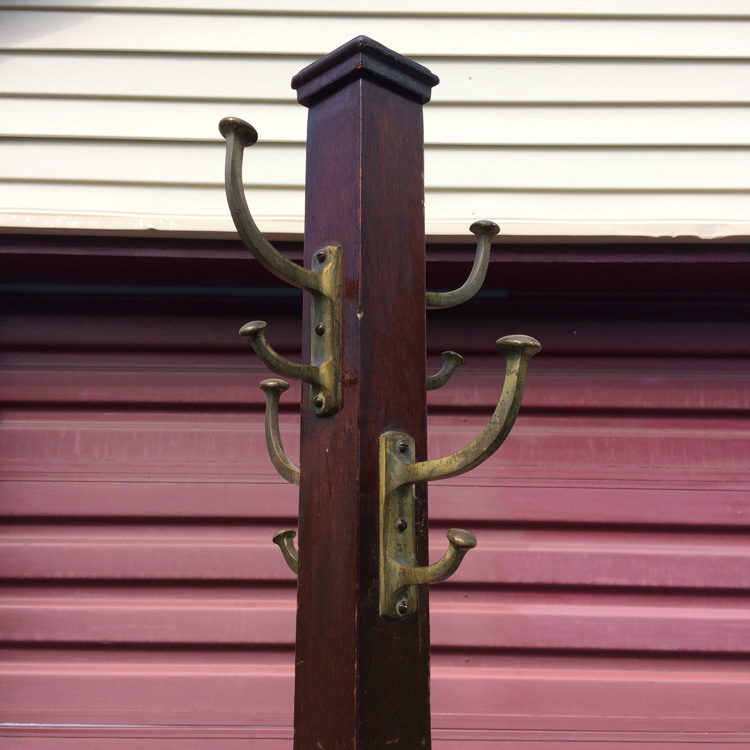 Antique Globe Wernicke Wooden Coat Tree Rack with Brass Hooks