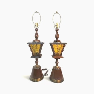 Pair Mid Century Amber Glass Lantern Table Lamps w/ Nightlights: Retro 1970's