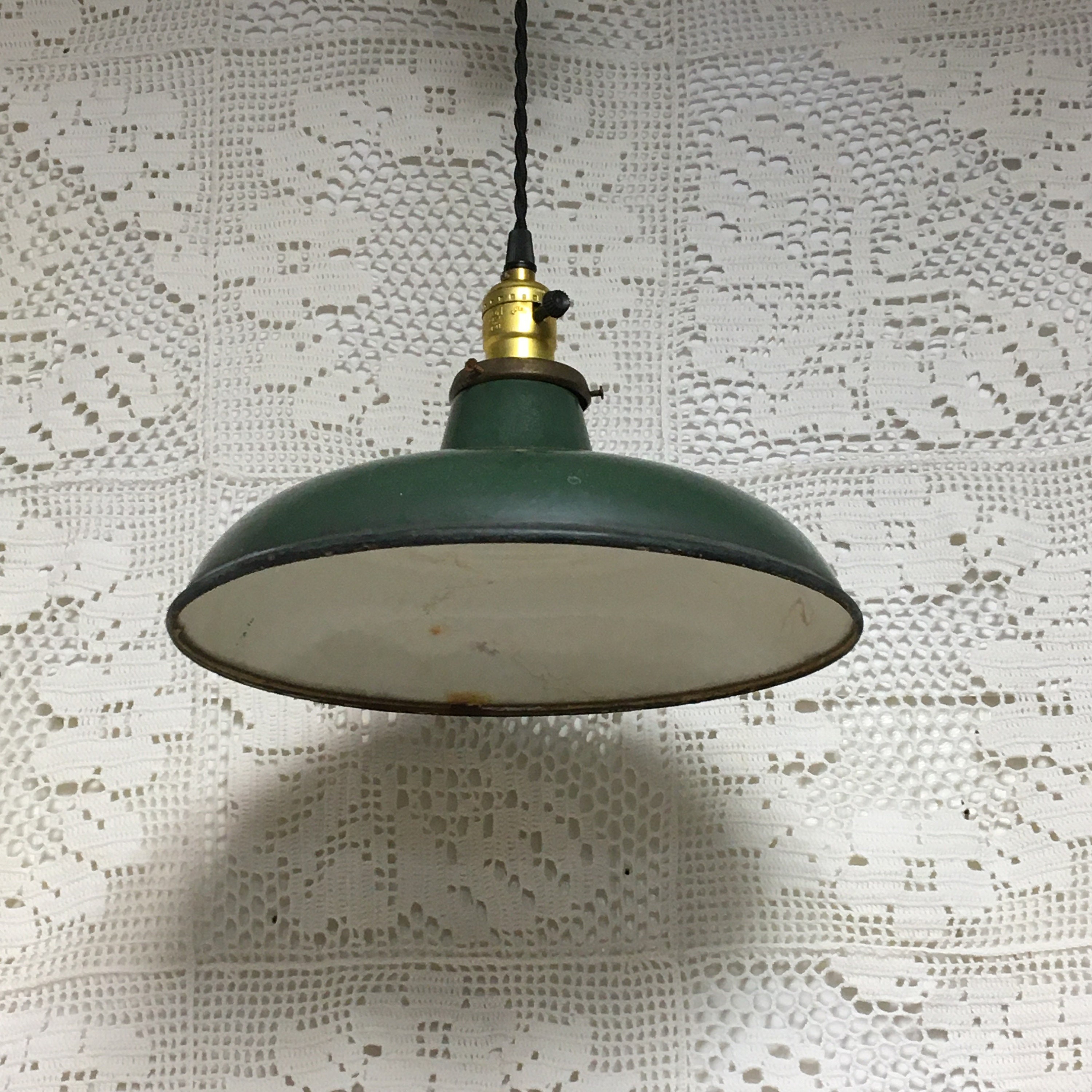 Old 12 Green Porcelain Enamel Hanging Barn Light, Gas Station Plug In