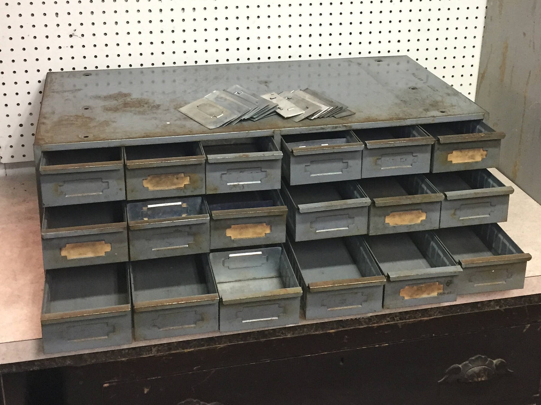 Vintage Industrial 18 Drawer Steel Parts HALLOWELL Gray Parts Bins Cubbys, Hardware