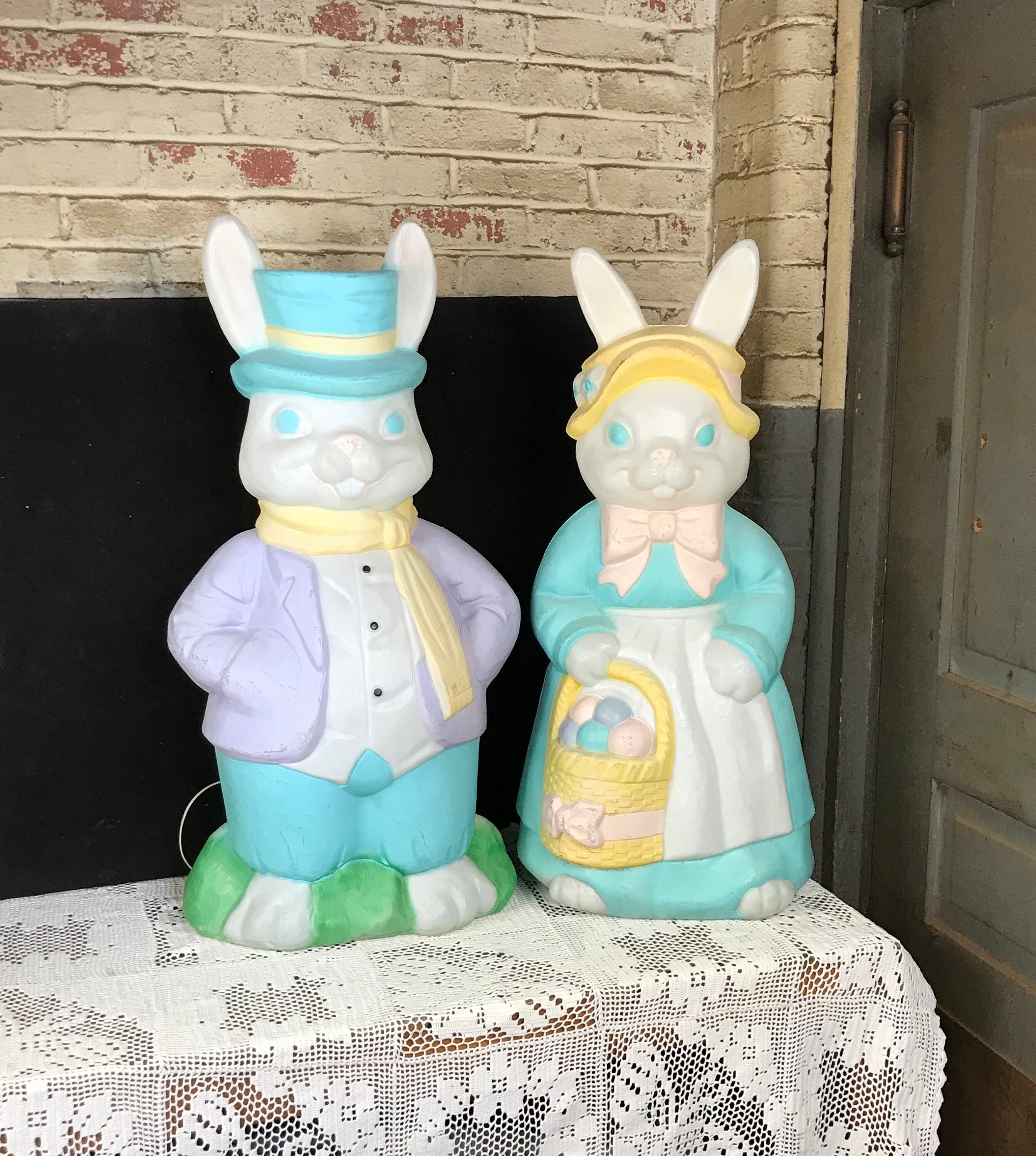 Vintage 2 Empire Large Blow Mold Light Up Easter Bunny Couple, Mr and
