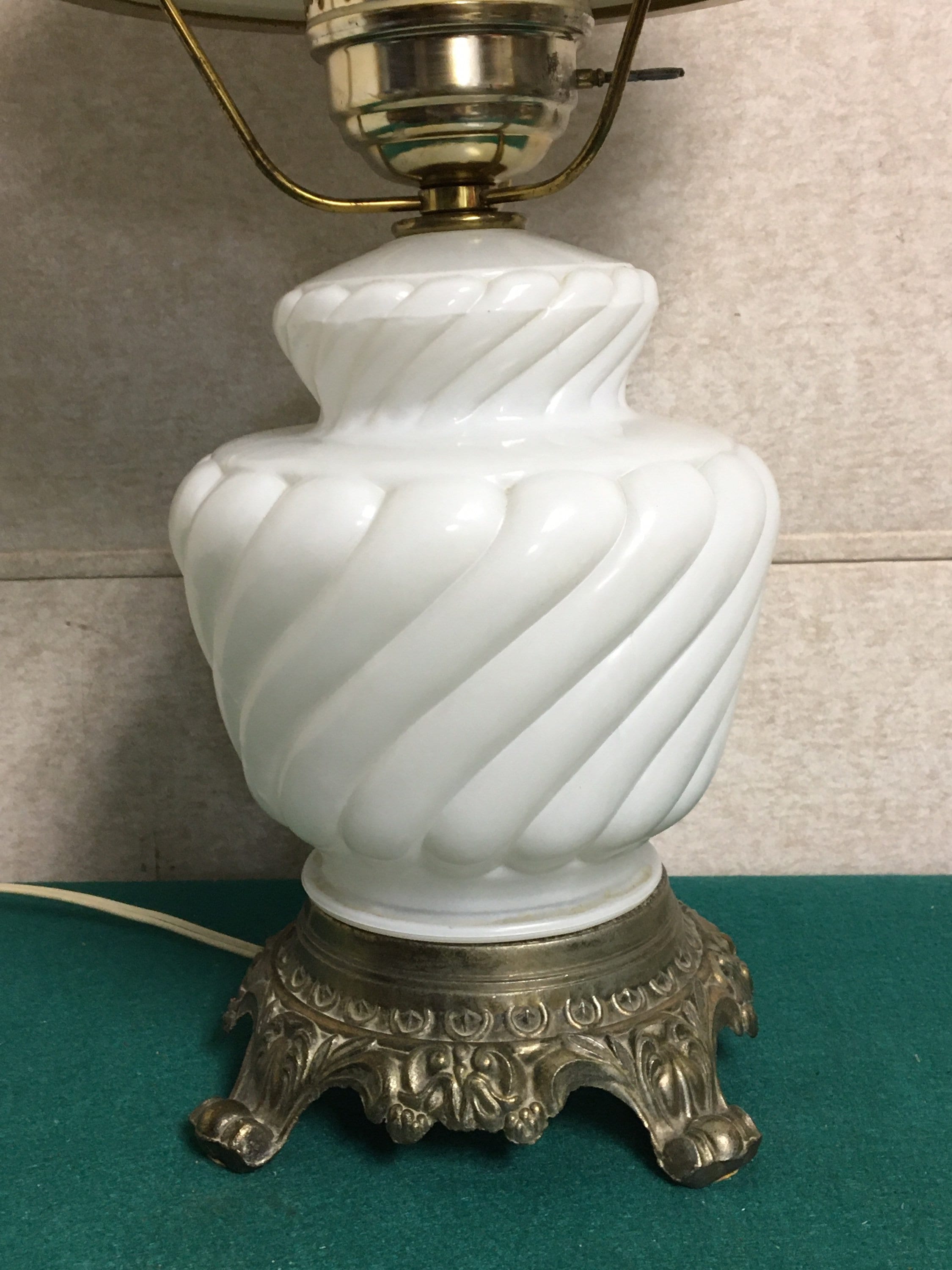 A Fantastic White Swirl Milk Glass Electric Hurricane Table Lamp with