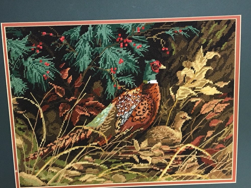 Pheasant Finished Needlepoint in Frame, Handcrafted Framed Needlework