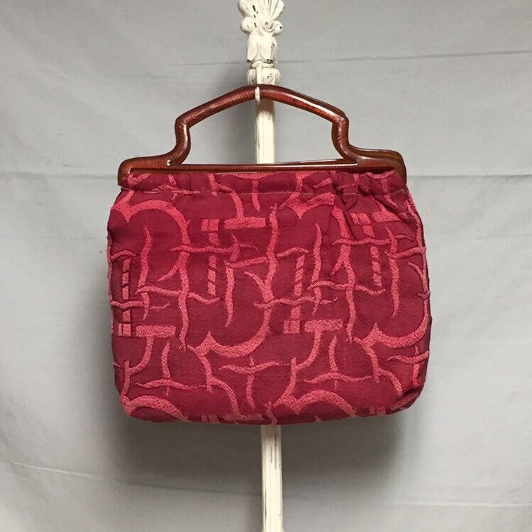 Red Fabric Handbag, Knitting Purse, Handmade Red Bag with Plastic Handles