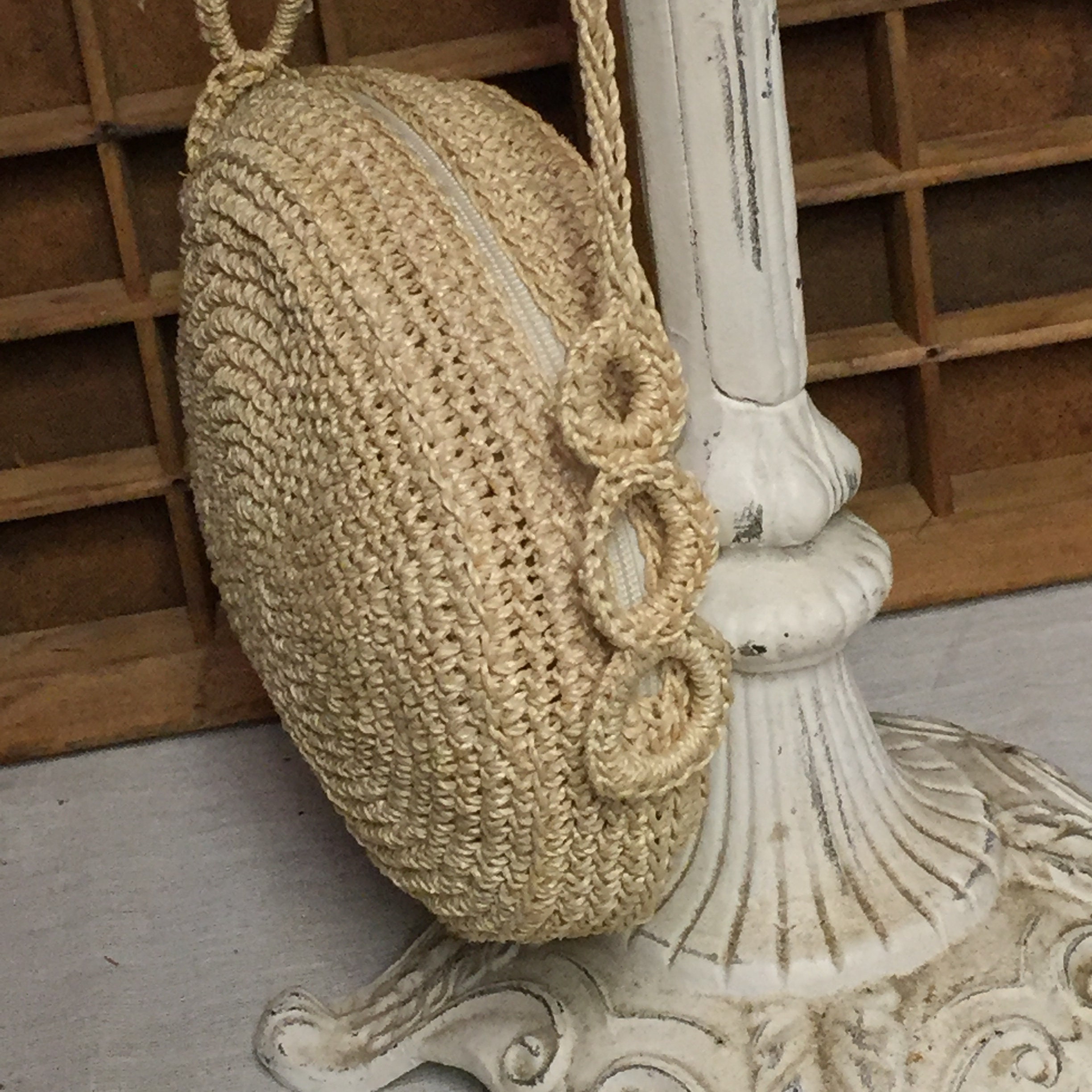 Vintage, Round, Straw, Raffia, Crochet Purse, Handmade, Crossbody