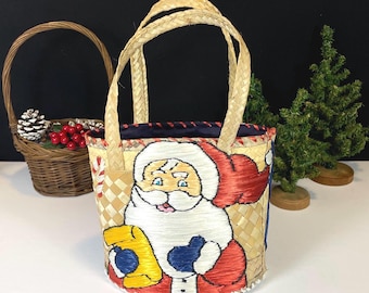 Santa Straw Tote, Small Woven Boho Holiday Bag