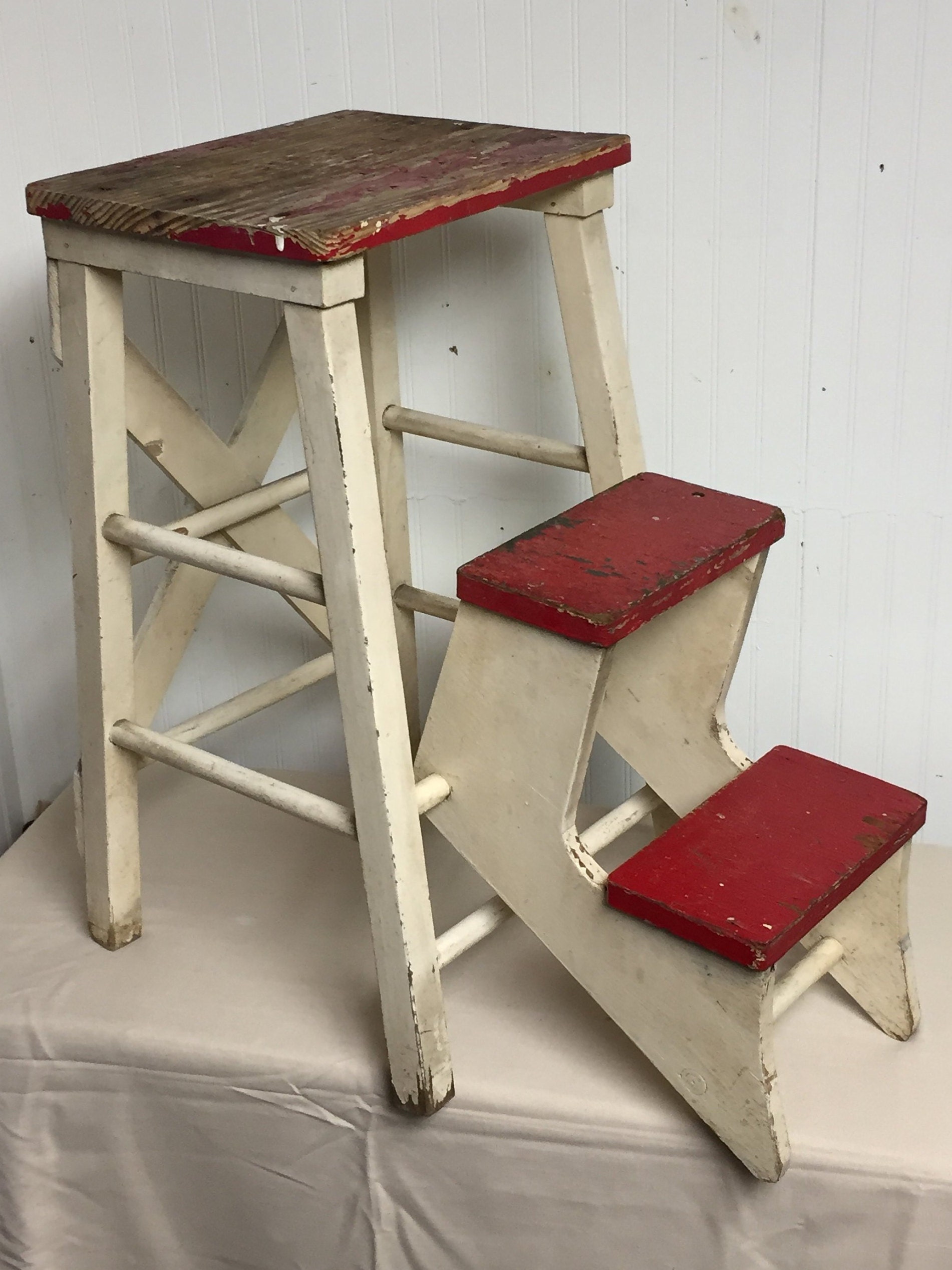 Unique Shabby Red and White Wooden Step Stool with Folding Steps