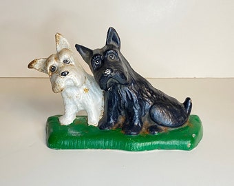 Vintage EMIG Cast Iron Scottish Terriers Doorstop, Black and White Scottie and Westie Dogs