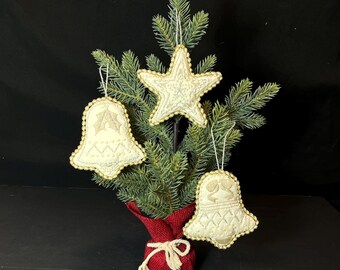 Handcrafted Embroidered Fabric Ornaments, Bells and Star, Set of 3