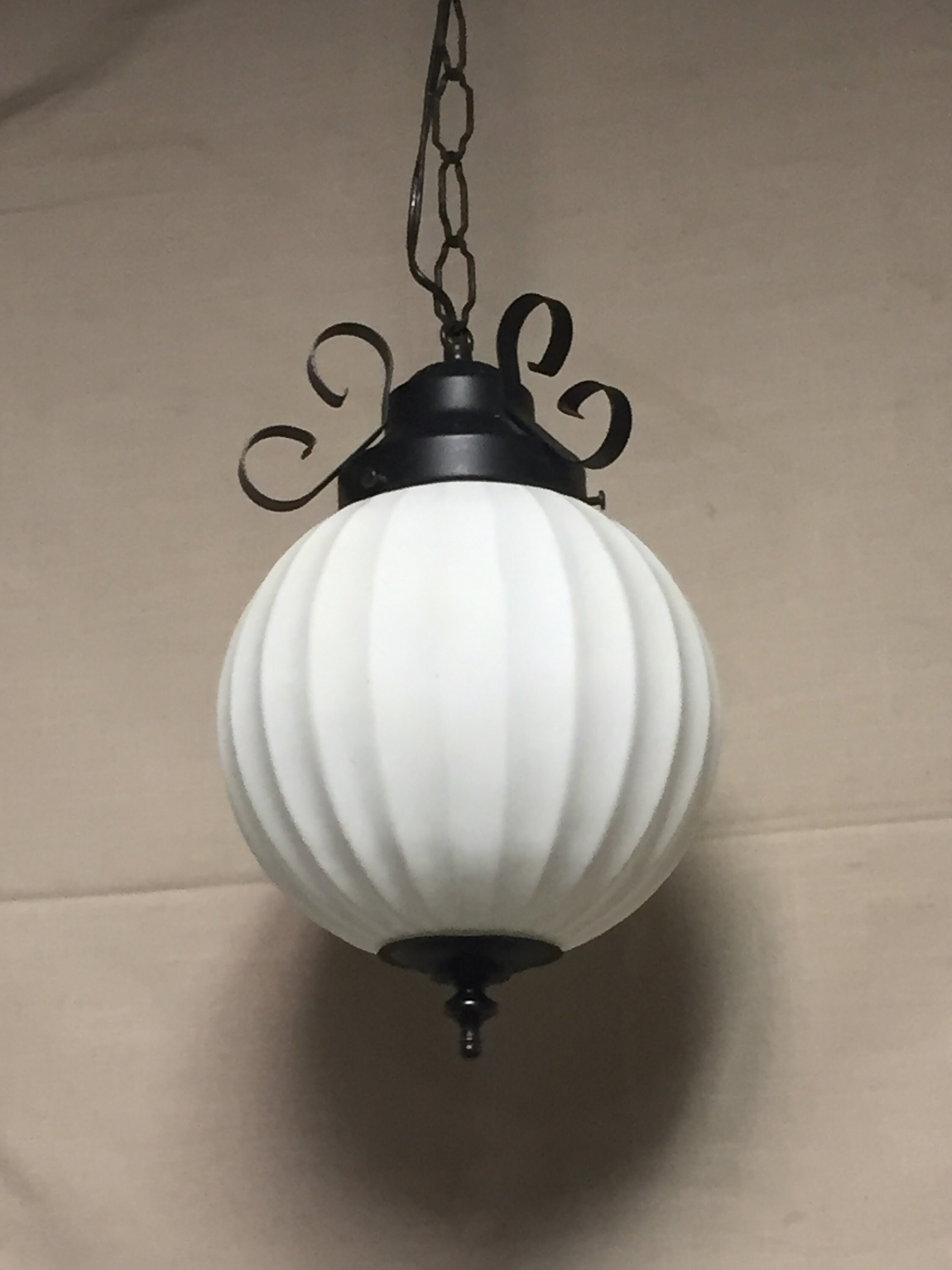 Mid Century Milk Glass Wrought Iron Swag Light Ball Globe Spanish