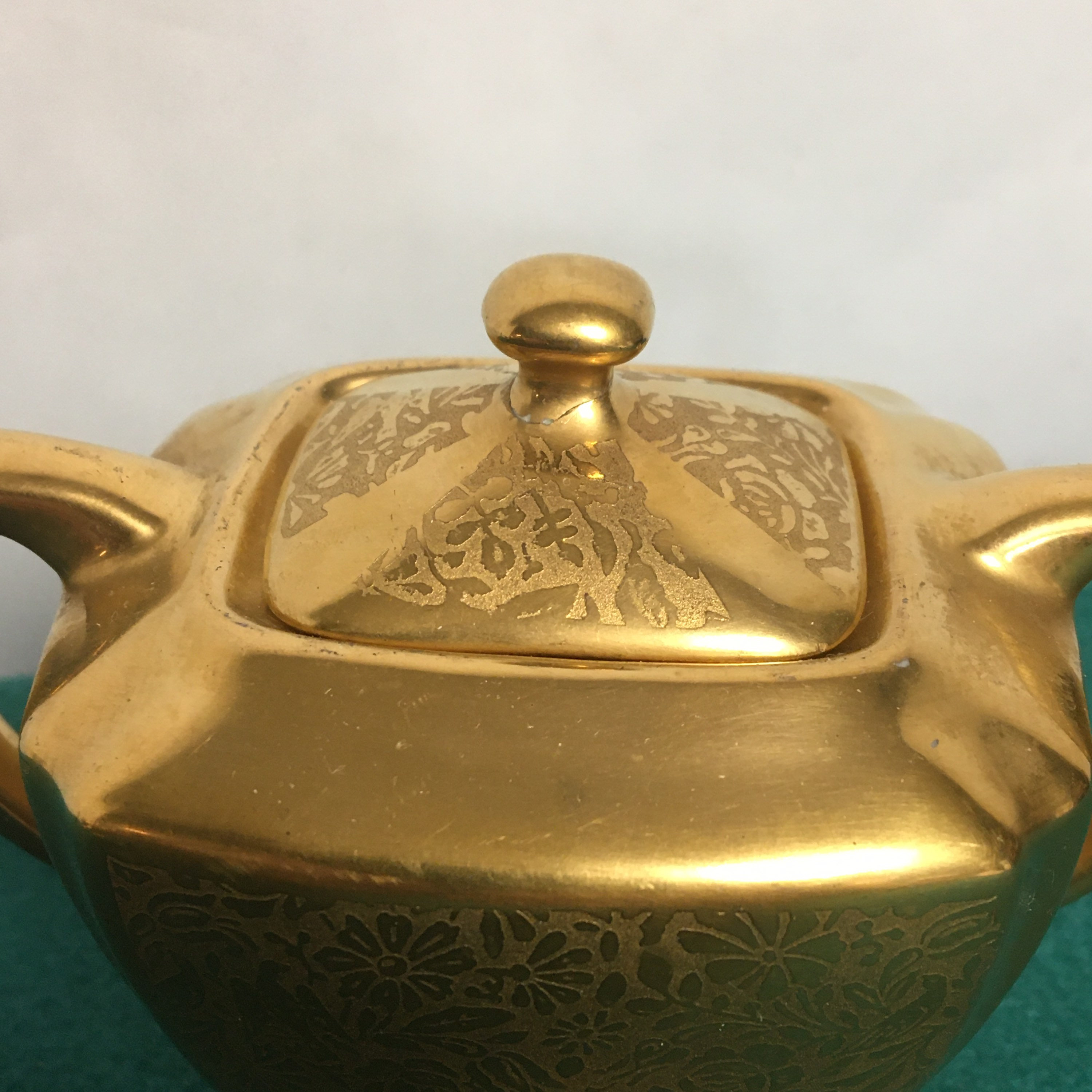 Wheeling Gold China Creamer, Sugar Bowl and Salt Shaker, Marked 1253