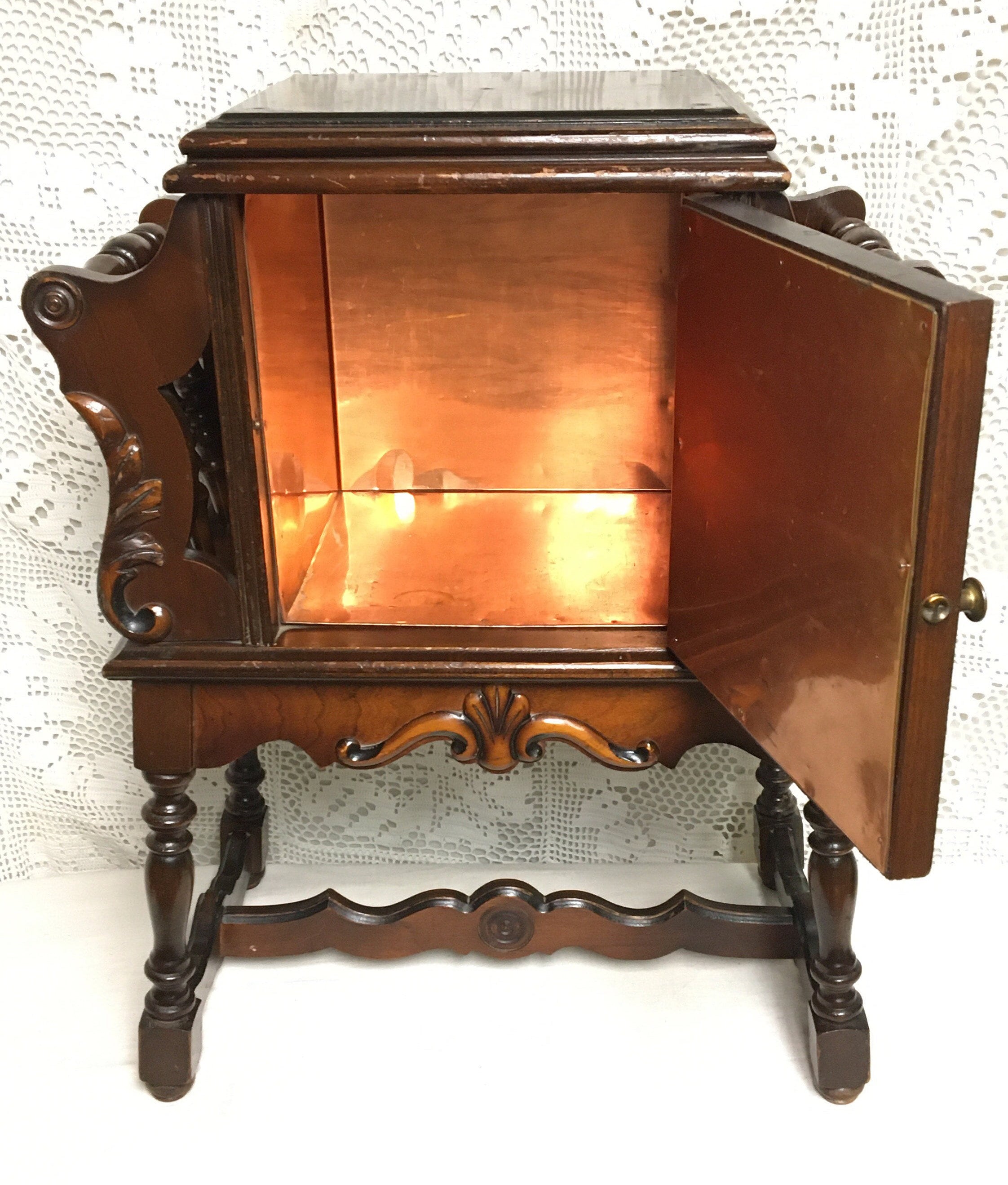 Early 1900's Wooden Cigar Humidor Copper Lined Smoking Stand