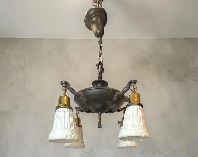 Featured listing image: 1920's Antique 4 Arm Brass Chandelier Ceiling Light Fixture, Victorian: Rewired Refurbished