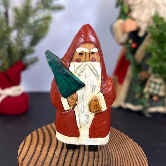 Handcrafted Wooden Santa Brooch, Artist Signed