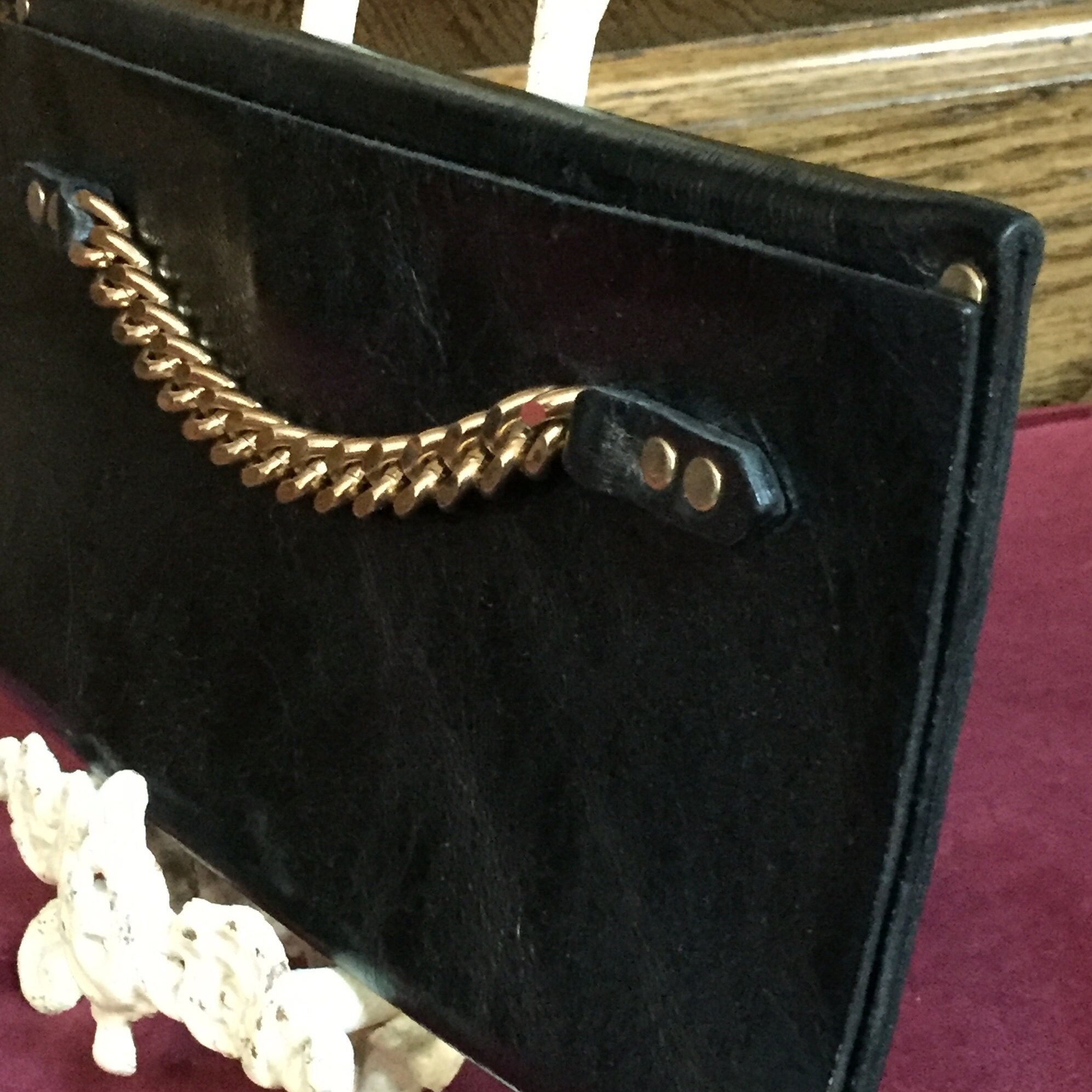 Moss Mills, Black, Leather, Fold Over Clutch, Purse, with Gold Chain ...