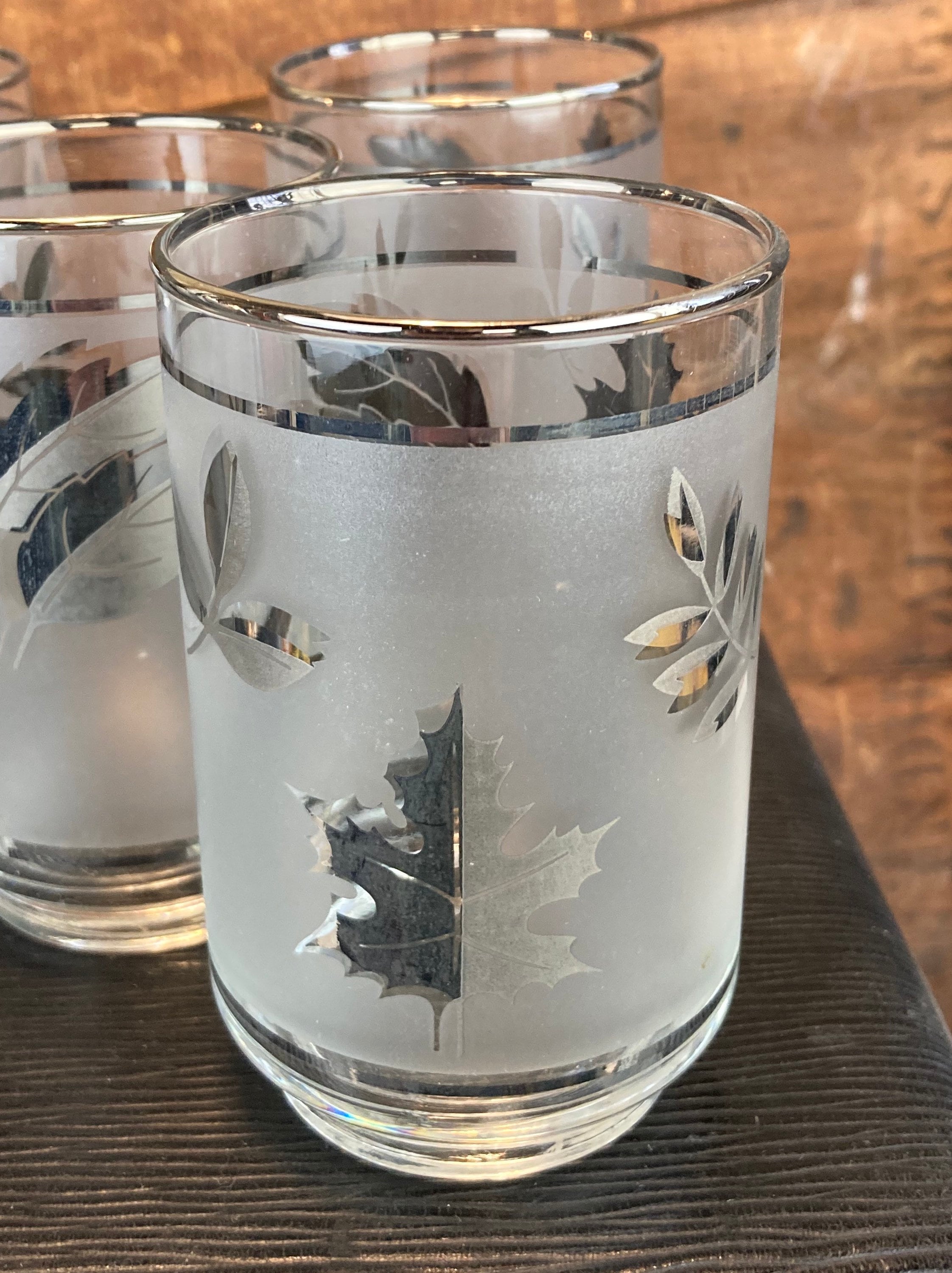 Set of Seven (7) Libbey Drink Glasses, Silver Foliage Pattern, Mid