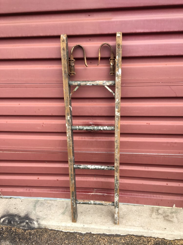 Antique 54 Green Wooden Blanket Ladder with Unusual Hardware and Chippy