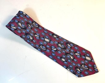 Torriani Silk Tie, Made in Italy, Maroon, Blue and White Ovals, Geometric Pattern