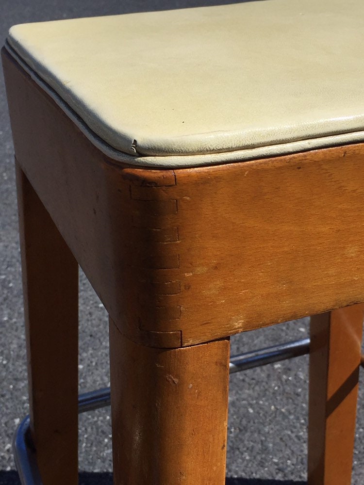 Two (2) Mid Century 24 Wooden Counter Stools, Chrome Footrest, Retro